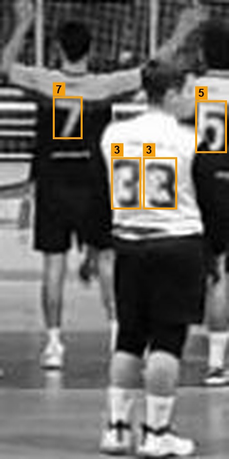 Annotated jersey number detections on a player crop